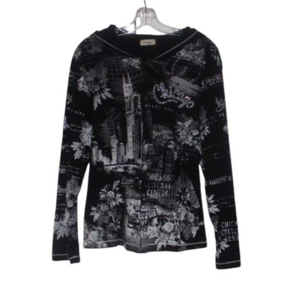 Cactus Zip Up Hoodie Chicago The Windy City Rhinestone Bohemian USA Women's Med